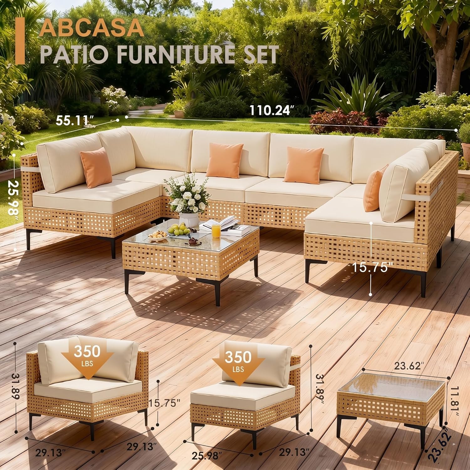 ABCASA Patio Furniture Set, 110" Large 7-Piece Wicker Outdoor Patio Furniture Sets with Anti-Slip Cushions & Coffee Table,Boho Patio Conversation Set Sectional Sofa for Backyard,Porch,Beige