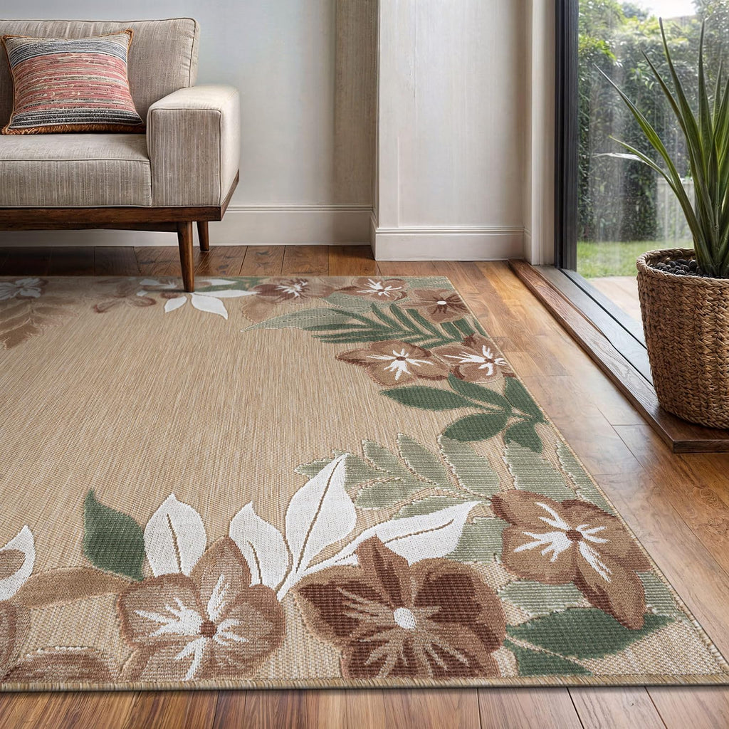 Outdoor Rug 9x12 Washable Area Rugs Indoor Outdoor Carpets Beige Border Floral Non Shedding Waterproof Easy Clean Patio Deck Porch Living Room Bedroom Garden RV (9 X 12 Beige)