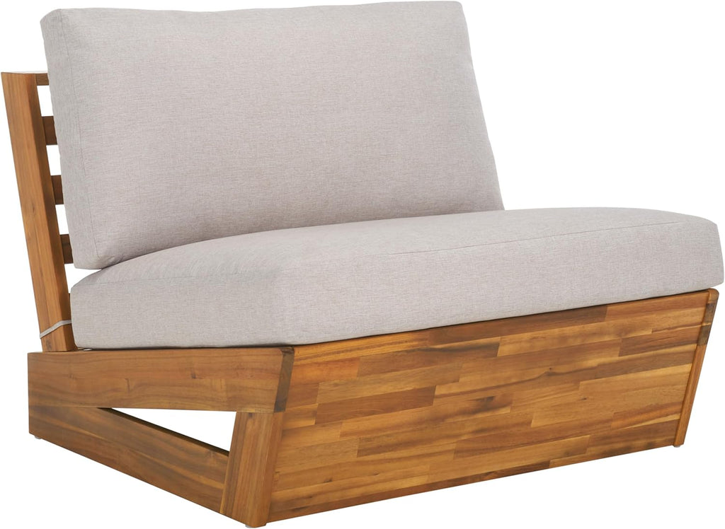 SAFAVIEH Outdoor - Lynn Lounge Chair Set of 2 - Natural & Light Grey - Solid Wood with Cushion - Modern Slatted Lounge Design - Ideal for Patio, Deck, Poolside, Backyard (PAT7328B-SET2)