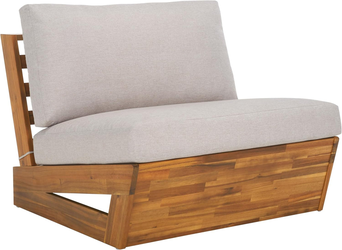 SAFAVIEH Outdoor - Lynn Lounge Chair Set of 2 - Natural & Light Grey - Solid Wood with Cushion - Modern Slatted Lounge Design - Ideal for Patio, Deck, Poolside, Backyard (PAT7328B-SET2)