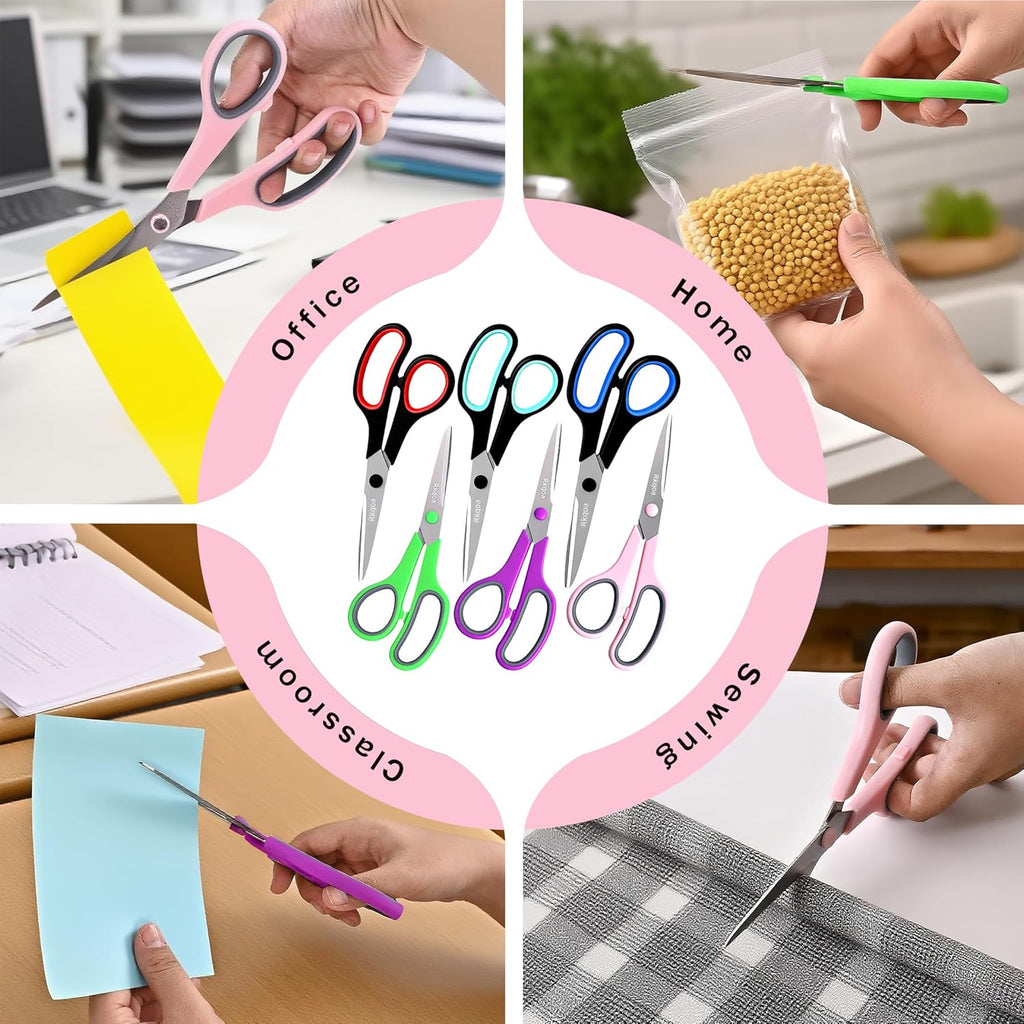 Scissors, Rkqoa 6 Pack 8" All Purpose Scissors for Everyday use, Stainless Steel Scissor Set with Comfort-Grip Handles for Office Home School Sewing Fabric Craft Supplies, Right/Left Handed