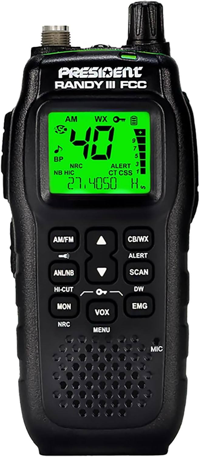 President Randy III FCC AM/FM Handheld CB Radio w/P Channels, NRC, Desktop Dock & Mobile Charge Module, 7Color Display, ASC, VOX, CTCSS/DCS, Weather Channel, Scan Skip, Flashlight, Key Lock (TXUS722)