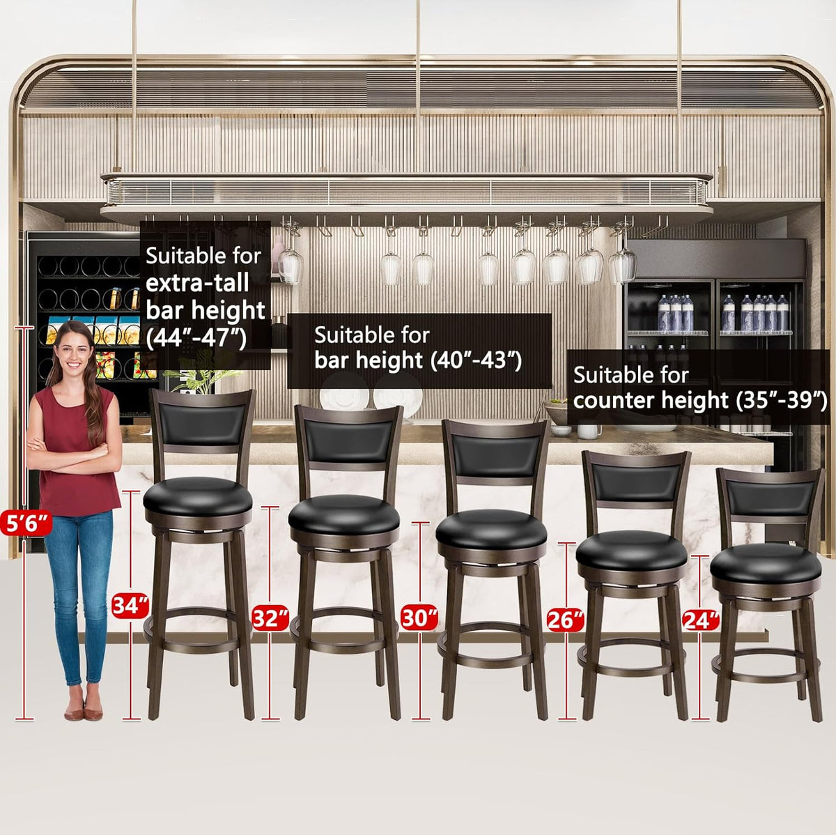 PrimeZone Swivel Bar Stools Set of 2, 32 Inch Tall Bar Height Barstools, Black Faux Leather Bar Stool with High Backrest & Solid Wood Legs & Wrap-Around Footrest, Counter Stools for Pub