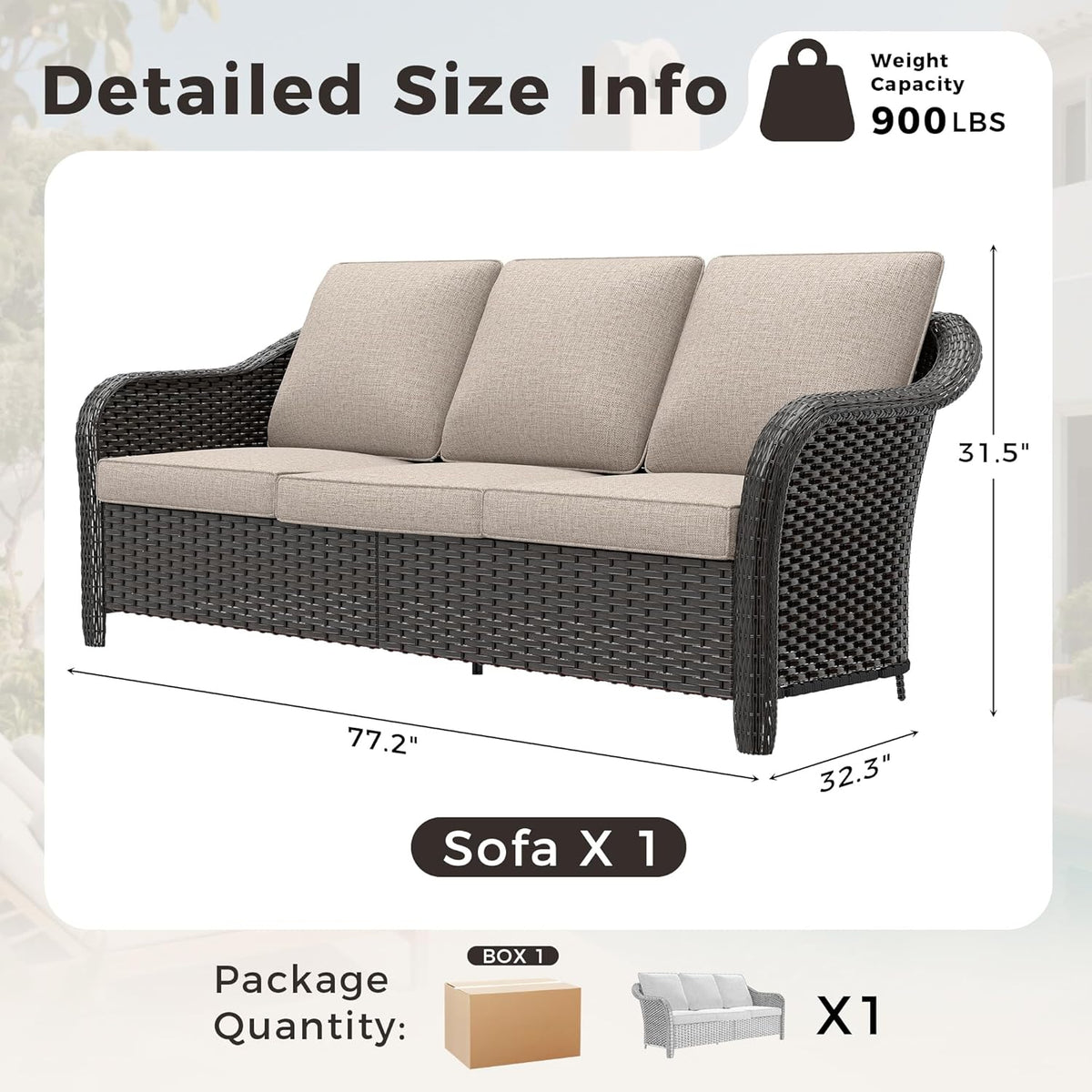 78" Wicker 3-seat Sofa, Outdoor Conversation Furniture, All-Weather Rattan Couch, Steel Frame Couch with Cushions for Garden, Poolside, Porch (Beige)