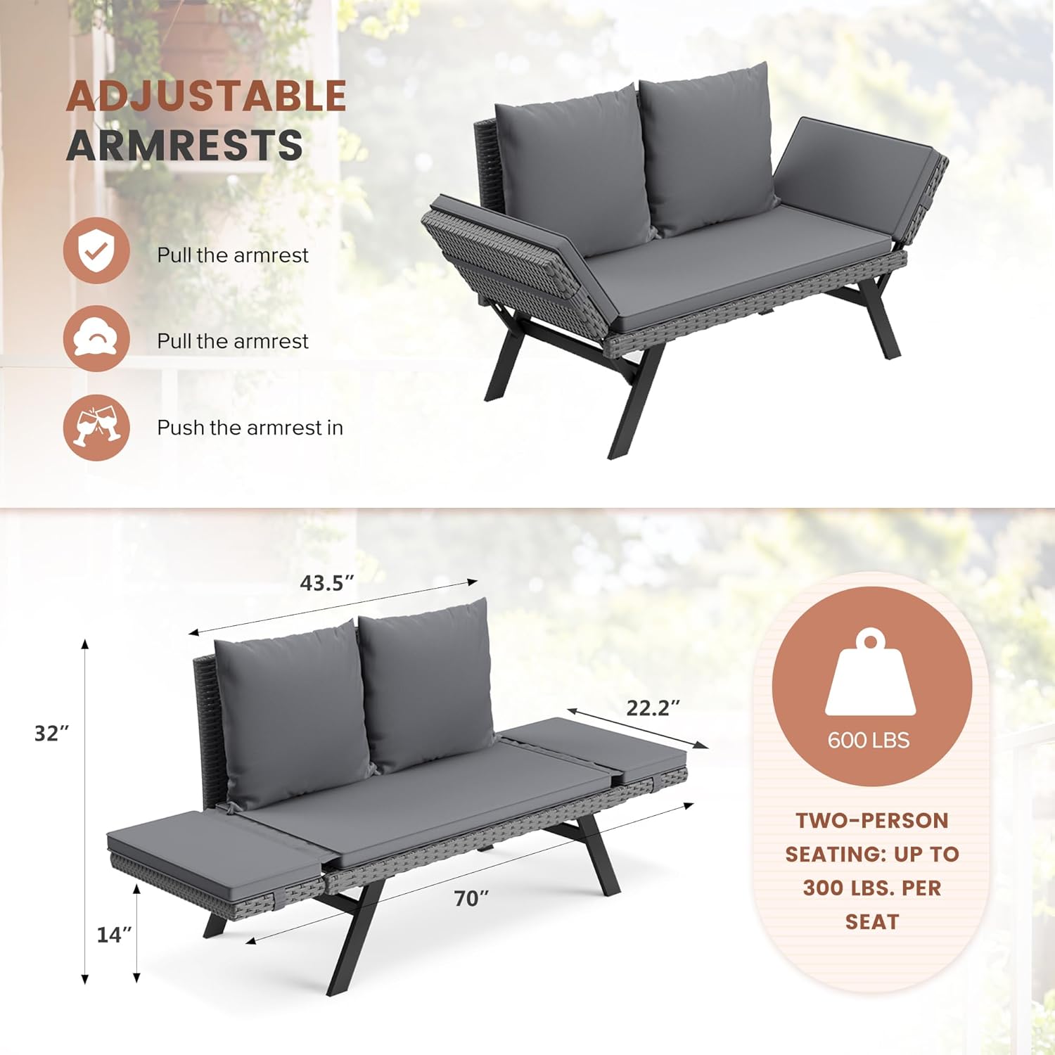 Flamaker Outdoor Convertible Sofa, Woven Rattan Patio Furniture Sunbed with Adjustable Armrests, Removable Cushions and Pillows for Patio, Porch, Pool (Grey Lounger & Grey Pillowcase)