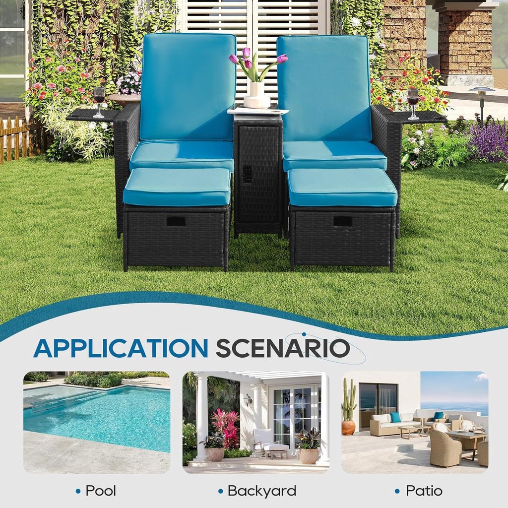 5PCS Outdoor Wicker Chaise Lounge Chair - Rattan Adjustable Reclining Patio Lounge Chair with Ottoman and Coffee Table, for Patio Beach Pool Backyard (Black Wicker Turquoise Cushion)