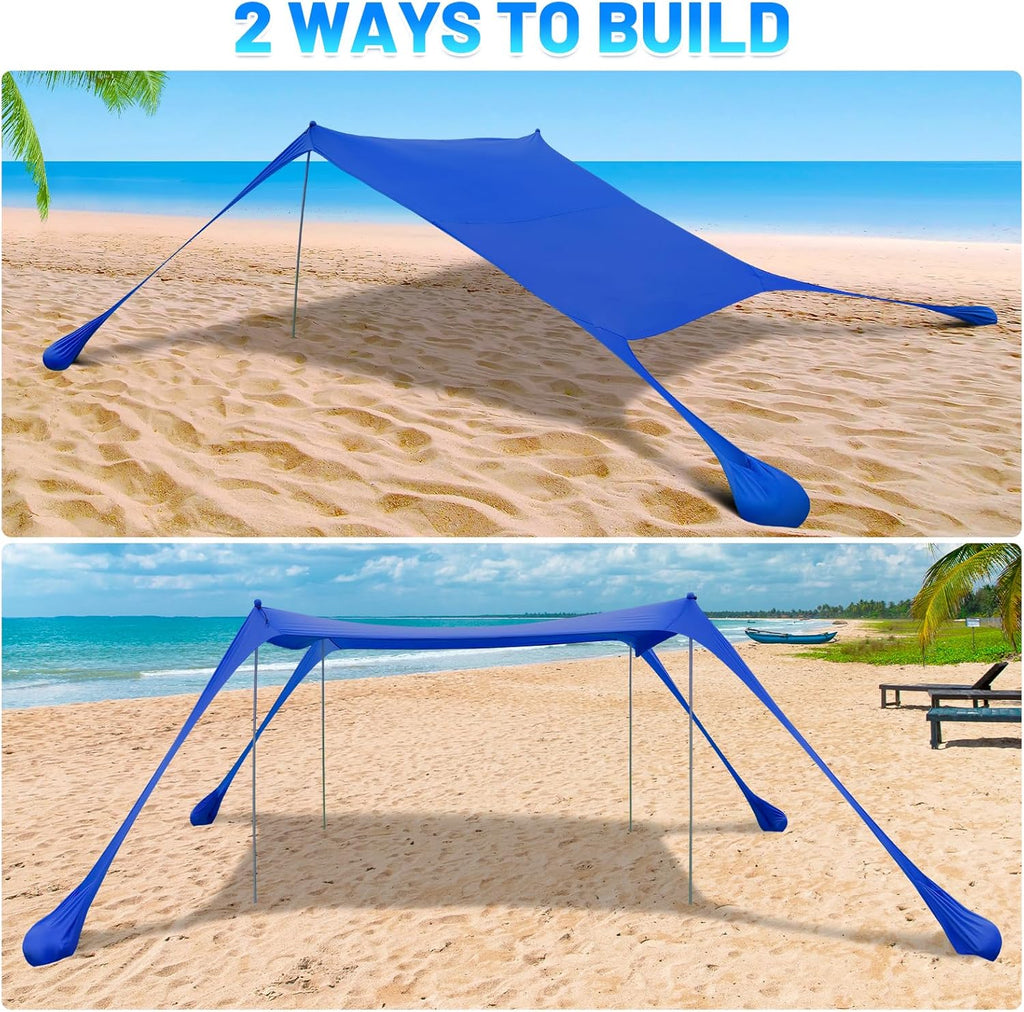 Family Beach Tent Canopy Sun Shade, Pop Up Grande Beach Tent Sun Shelter Stability 4 Poles with Portable Carry Bag Outdoor Shade for Fishing Backyard Camping
