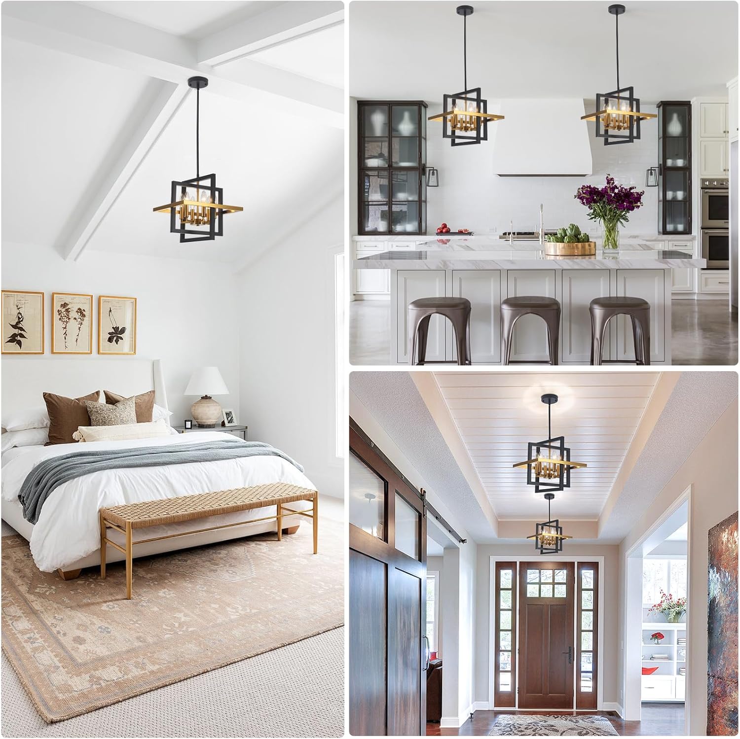 Small Black and Gold Chandelier- 6 Lights Geometric Pendant Light Fixture, Modern Industrial Chandeliers Hanging Lights for Entryway Dining Room Living Room Kitchen Island Hallway Foyer