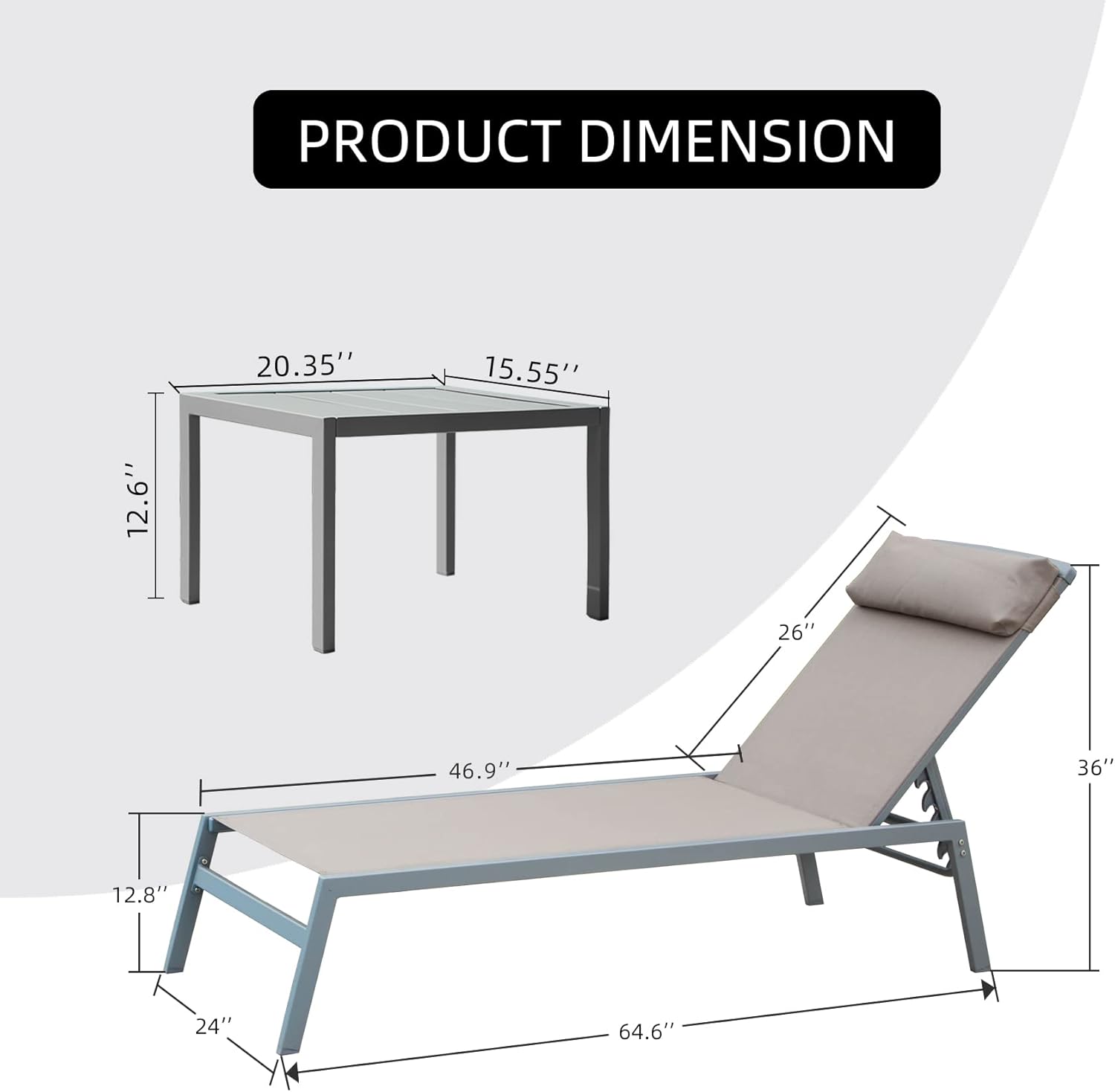 Domi Patio 3 Pieces Aluminum Textilene Chaise Lounge Set with Side Table Outdoor, Adjustable Back and Pillow for Yard Garden Sunbathing for All Seasons Khaki