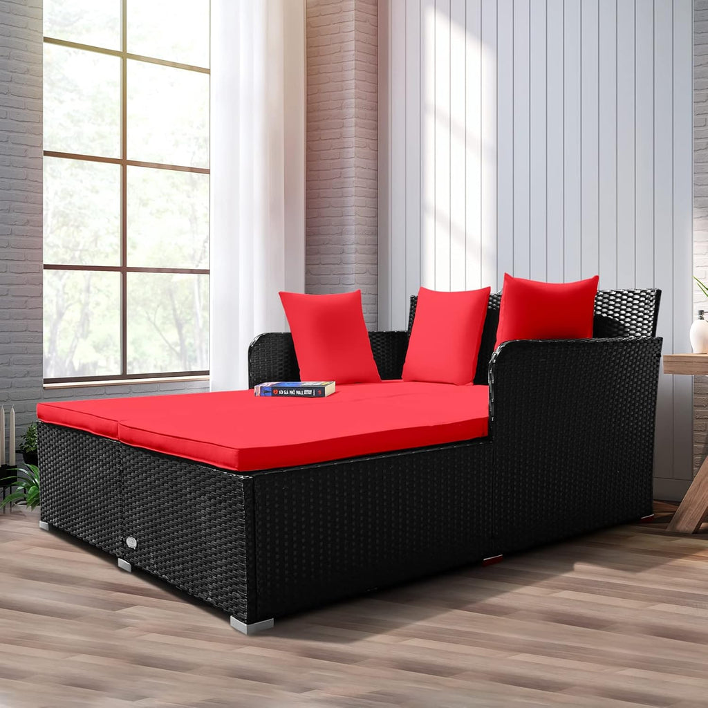RELAX4LIFE Rattan Patio Outdoor Daybed, Wicker 2-Person Sunbed Loveseat with Soft Cushions, 4 Pillows, Curved Backrest & Armrest, Double Bed Lounger Sofa Set for Balcony Porch, Patio Bed (Red)