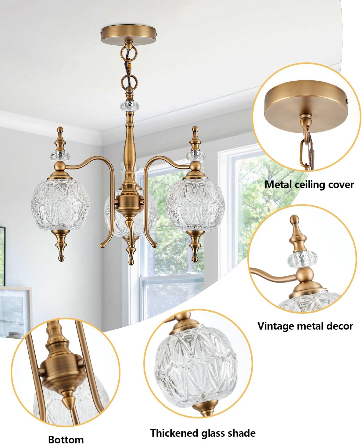 Vintage Pendant Light Fixtures, 3-Light Chandeliers for Kitchen Antique Gold Glass Pendant Lighting Matte Brushed Brass Finish with Crystal Glass Shade for Farmhouse Hotel Kitchen Island