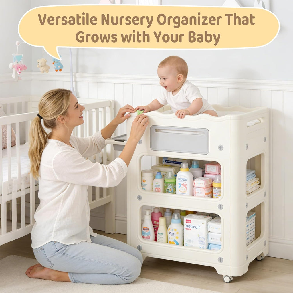 Baby Changing Table, with Lockable Wheels Foldable Portable Diaper Station, Waterproof Nursery Unit for Newborn Infant Essentials Storage Baskets & Cradle Travel-Friendly Easy-Clean Surface Compact