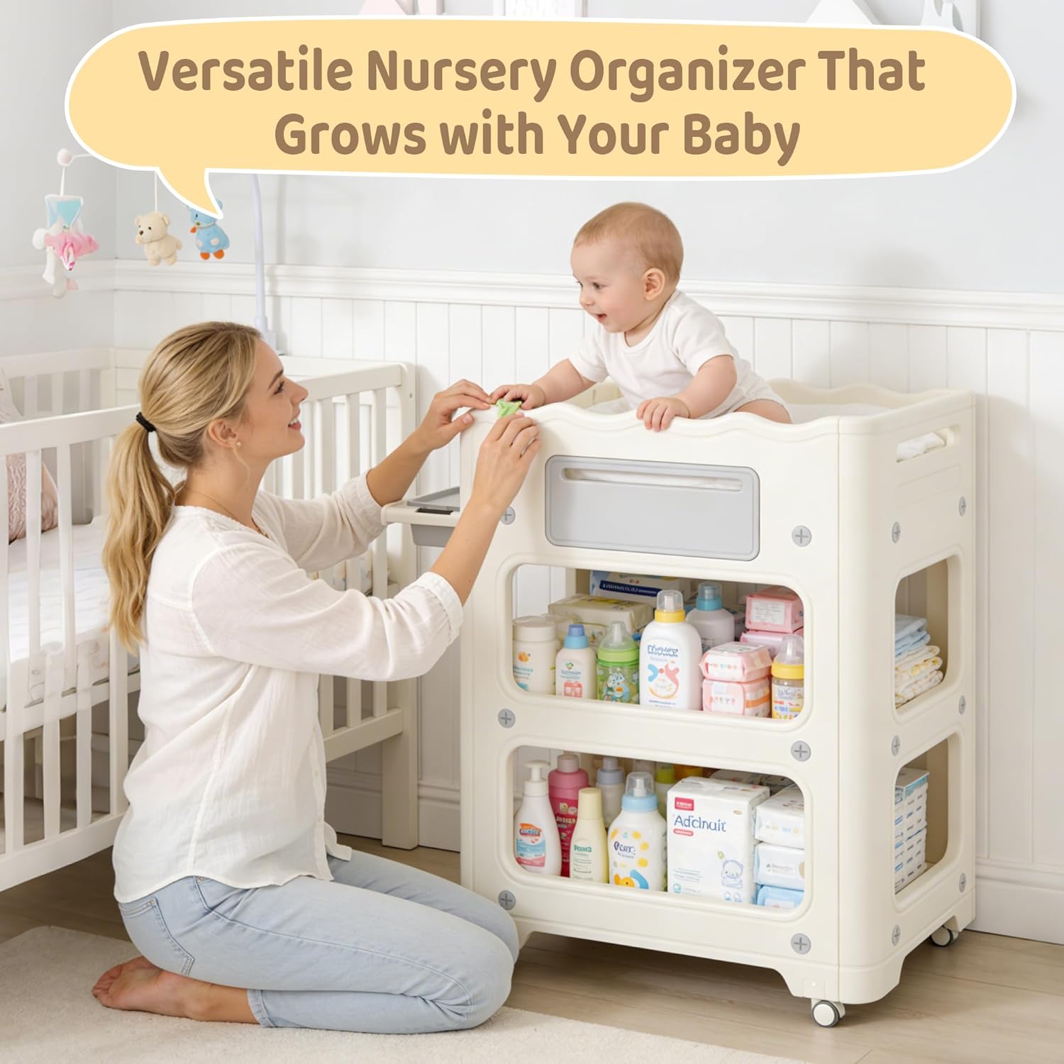 Baby Changing Table, with Lockable Wheels Foldable Portable Diaper Station, Waterproof Nursery Unit for Newborn Infant Essentials Storage Baskets & Cradle Travel-Friendly Easy-Clean Surface Compact