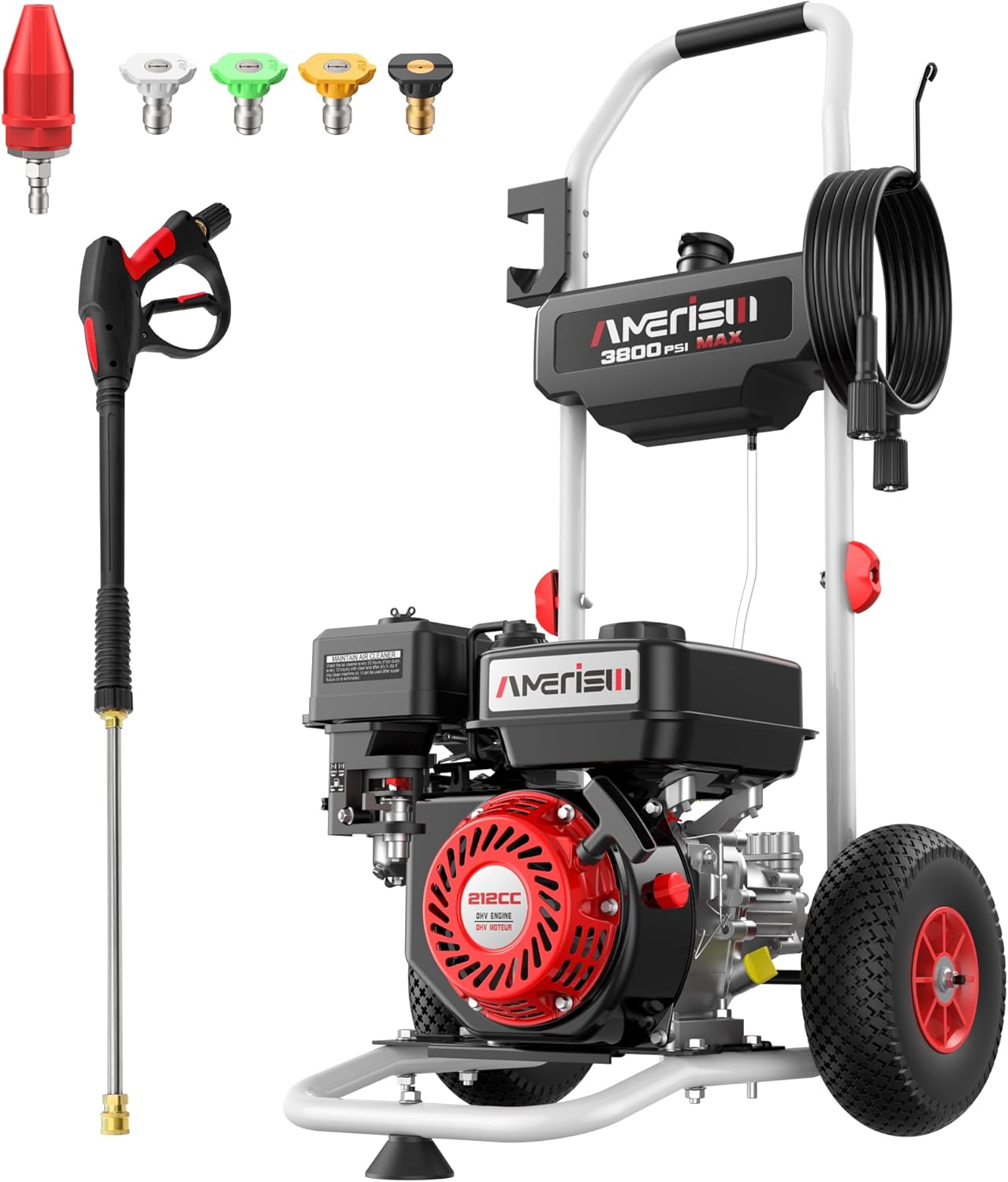 AMERISUN 3800 PSI Gas Pressure Washer 2.5 GPM with 212cc 4-Stroke OHV Engine, 5 Quick-Connect Nozzles & 10" Wheels, Heavy Duty Power Washer for Driveways, Cars, Patios, Decks & House Siding