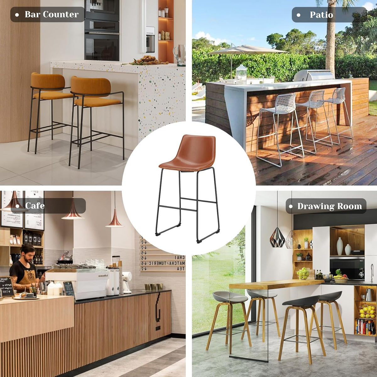 DUMOS Counter Height Bar Stools Set of 4, 30 inch Height Stool Faux Leather Barstools with Back, Armless Kitchen Island Countertop Comfortable Modern Chairs with Metal Legs, Warm Brown