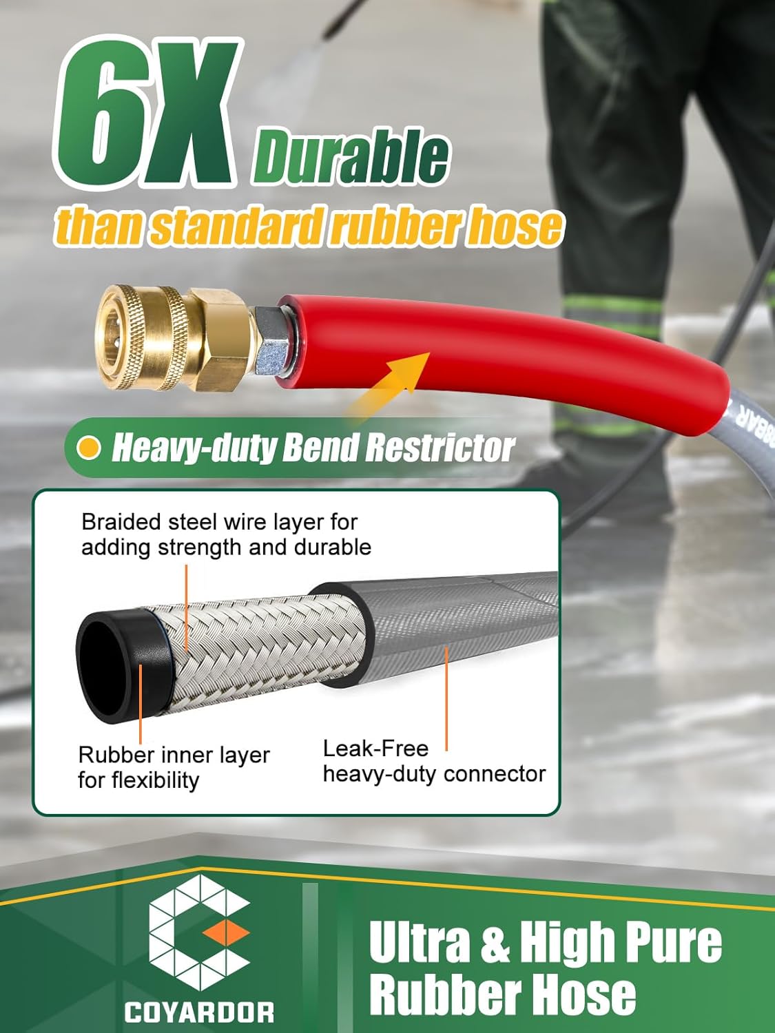 3/8″ Pressure Washer Hose 100 FT — 4500 PSI Steel-Braided Non-Marking Rubber | For Hot & Cold Water, Quick-Connect With M22 Fittings, Industrial-Grade Replacement for Gas Pressure Washers