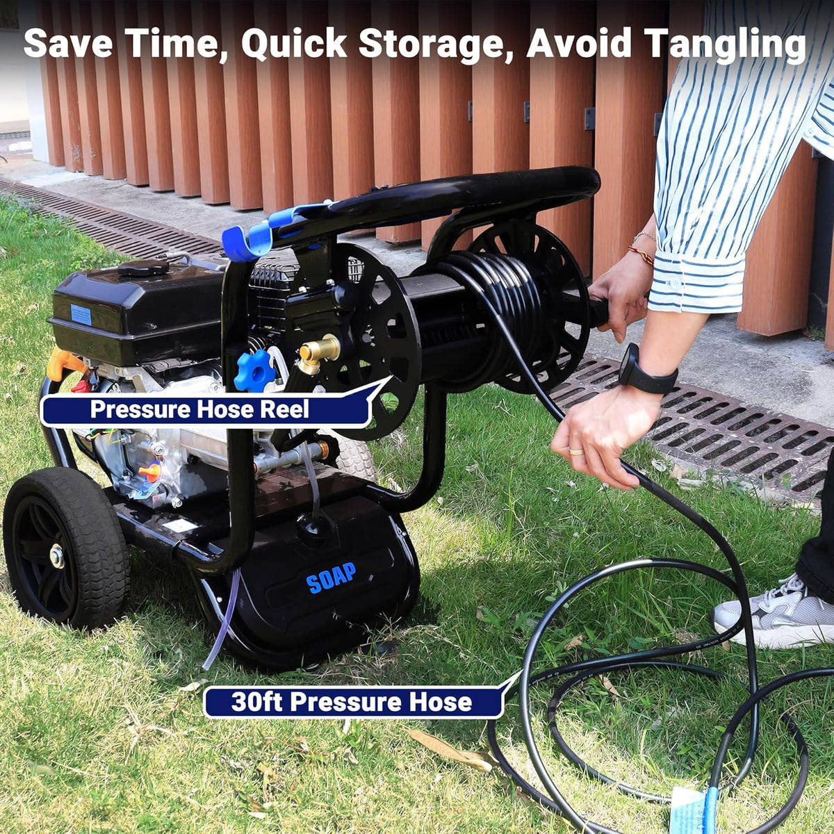 Gas Pressure Washer, 3600 PSI 2.3GPM Gas Powered Pressure Washer 212CC 4-Stroke OHV Engine, 30ft Hose&Reel 5 Nozzles Commercial High Pressure Washer for Cars Fences Driveways Patios Furniture