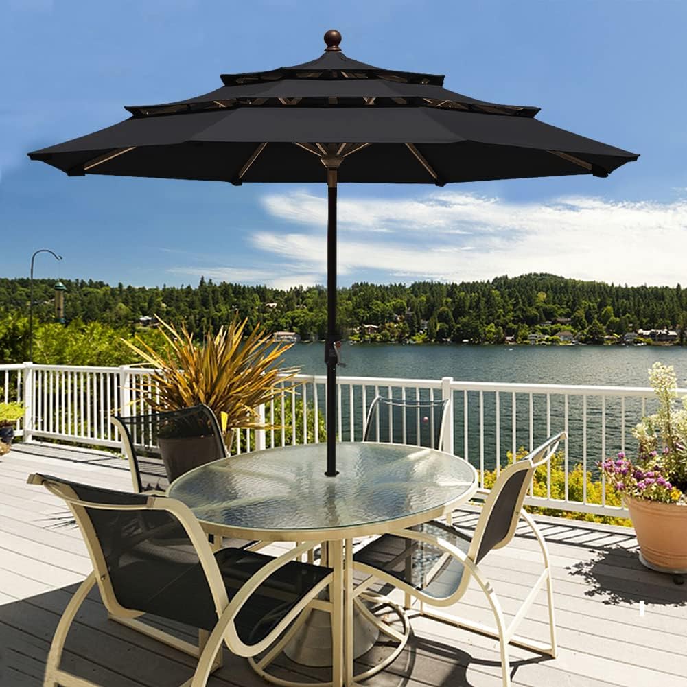 EliteShade USA 10-Year-Non-Fading 9ft 3-Tier Market Patio Umbrella, Commercial Grade Outdoor Table Umbrella with Crank Open, Windproof & UPF 50+ UV Protection, Heavy Duty Ventilation for Garden, Deck, Pool, Backyard, Beach & Bistro, Black