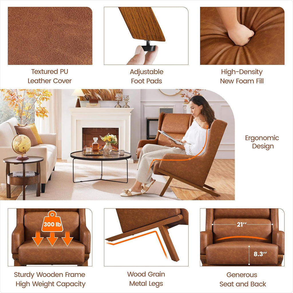 Yaheetech Accent Chairs Set of 2, Living Room Chairs, Faux Leather Armchairs Thick Seat Cushion, Oversized Recliner Chair High Backrest for Bedroom Office Reception Room Reading Nook, Brown