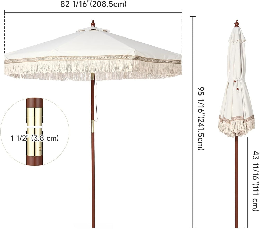 LAGarden Boho Market Wood Fringe Patio Umbrella with Carry Bag Tassels for Outdoor Event Garden Yard House Wedding Party Deck Poolside Sun Shade Parasol