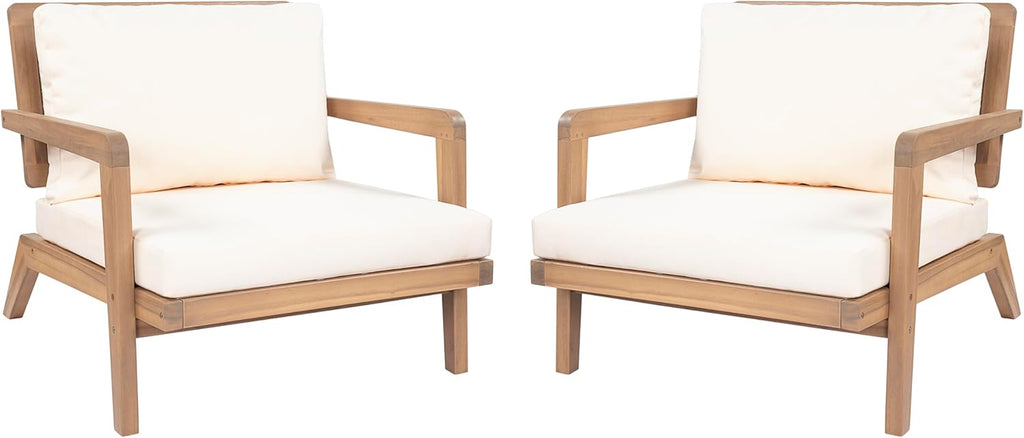 Christopher Knight Home Maeve Set of 2 Mid Century Modern Patio Furniture Acacia Wood Club Chairs, Outdoor Lounge Chairs, Relaxing Armchairs/Accent Chairs with Cushions for Patio, Light Teak+Beige