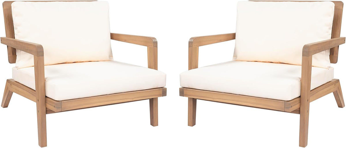 Christopher Knight Home Maeve Set of 2 Mid Century Modern Patio Furniture Acacia Wood Club Chairs, Outdoor Lounge Chairs, Relaxing Armchairs/Accent Chairs with Cushions for Patio, Light Teak+Beige