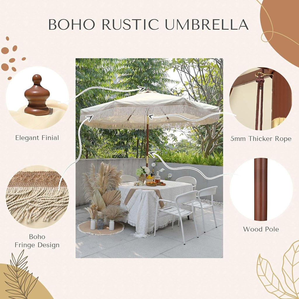 LAGarden Boho Market Wood Fringe Patio Umbrella with Carry Bag Tassels for Outdoor Event Garden Yard House Wedding Party Deck Poolside Sun Shade Parasol