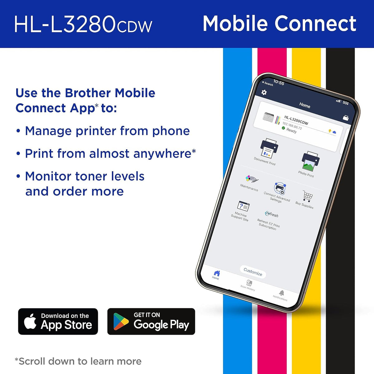 Brother HL-L3280CDW Wireless Compact Digital Color Printer with Laser Quality Output, Duplex, Mobile Printing & Ethernet | Includes 2 Month Refresh Subscription Trial¹,Works with Alexa
