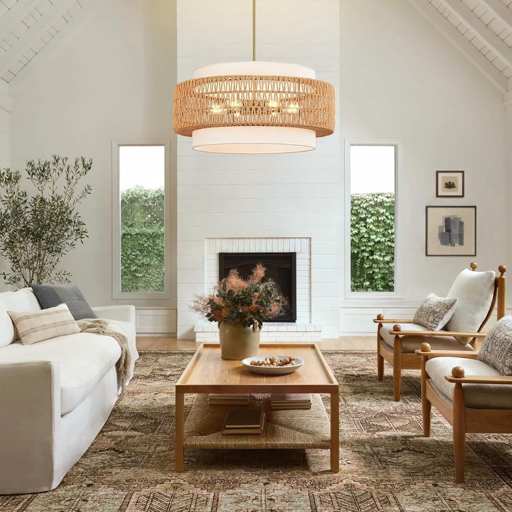 6-Light Boho Rattan Chandelier, 25.6" Large Rattan Pendant Light with Fabric Shade, Farmhouse Hand Woven Chandelier Hanging Ceiling Light for Dining Room, Living Room, Kitchen Island, Foyer, Hallway