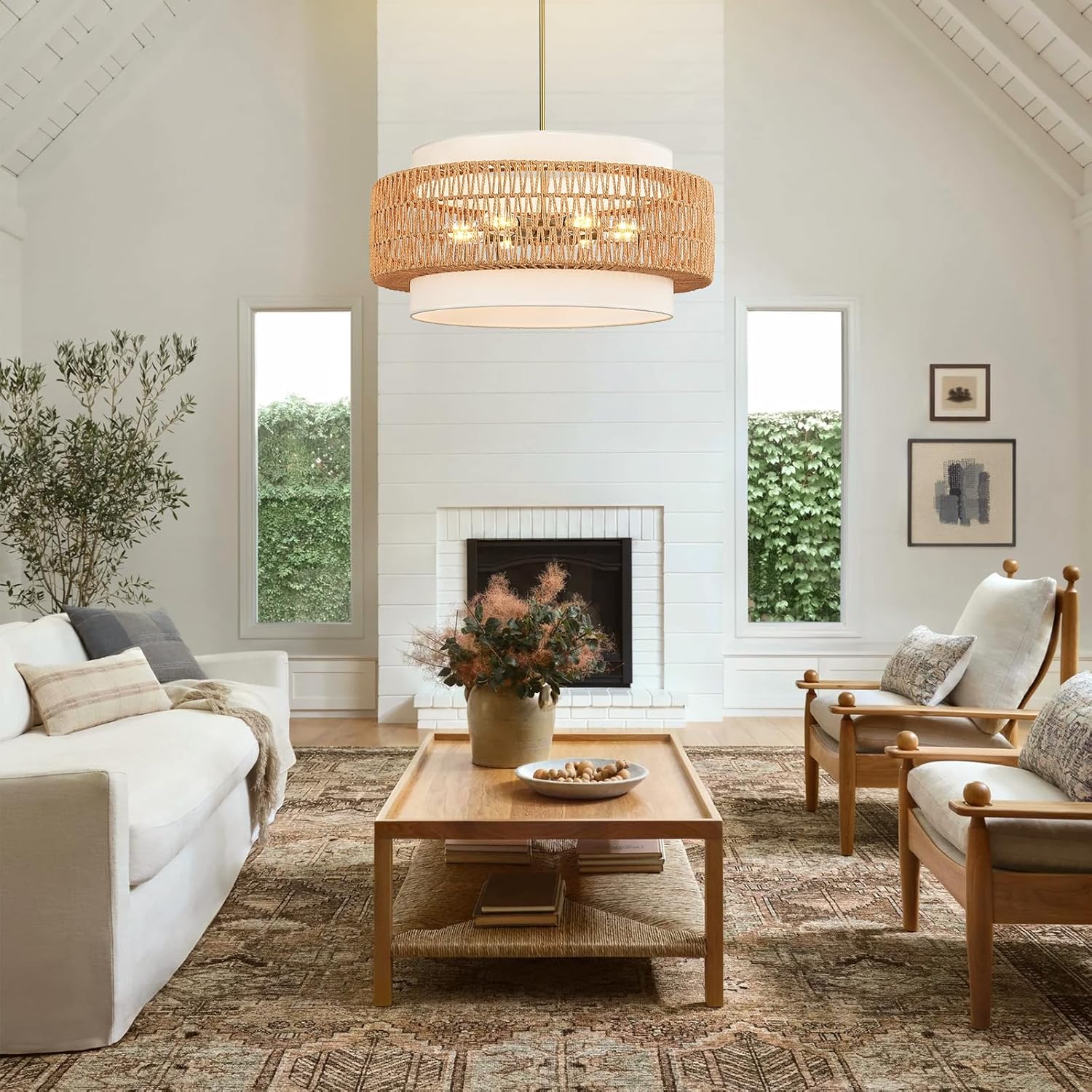 6-Light Boho Rattan Chandelier, 25.6" Large Rattan Pendant Light with Fabric Shade, Farmhouse Hand Woven Chandelier Hanging Ceiling Light for Dining Room, Living Room, Kitchen Island, Foyer, Hallway