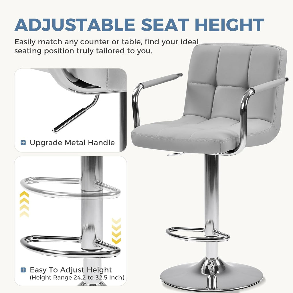 DUMOS Bar Stools Set of 4, Adjustable Swivel Bar Chairs with Padded Armrests and Ergonomic Backrest for Kitchen Island Counter Pub Dining Room, Water-Resistant PU Leather, Grey