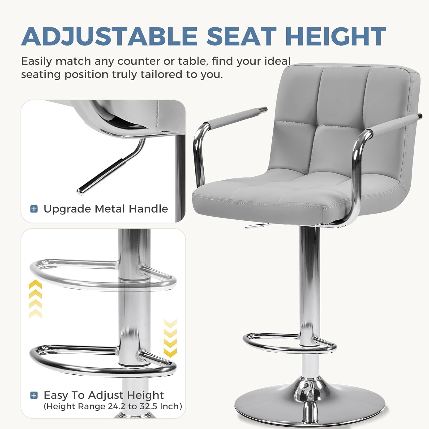 DUMOS Bar Stools Set of 4, Adjustable Swivel Bar Chairs with Padded Armrests and Ergonomic Backrest for Kitchen Island Counter Pub Dining Room, Water-Resistant PU Leather, Grey
