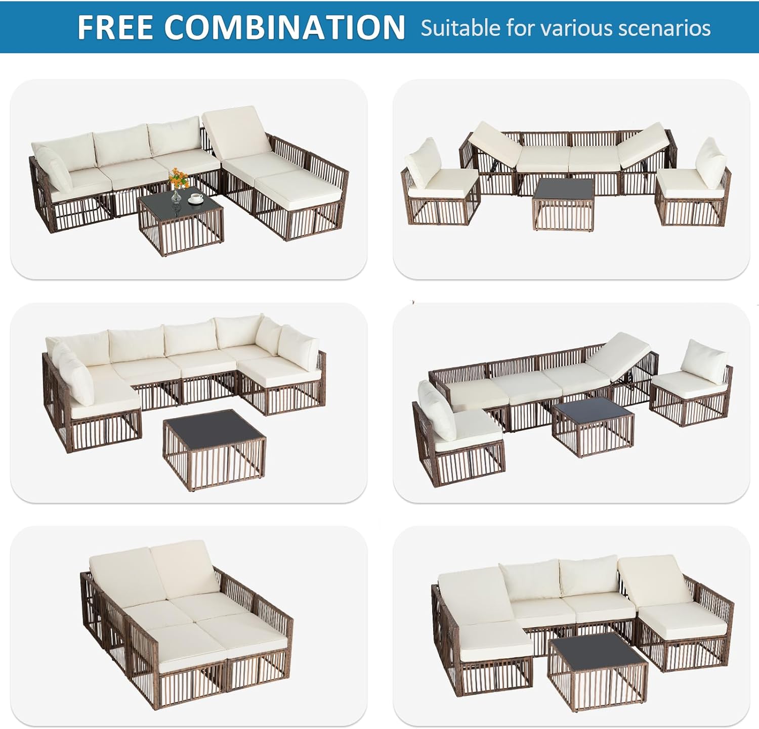 FHFO 7 Pieces Outdoor Patio Furniture Set, Wicker Outdoor Sectional Conversation Couch Set with Adjustable Backrest Sofa, Thick Cushion & Coffee Table for Garden, Porch, Poolside, Brown/Beige