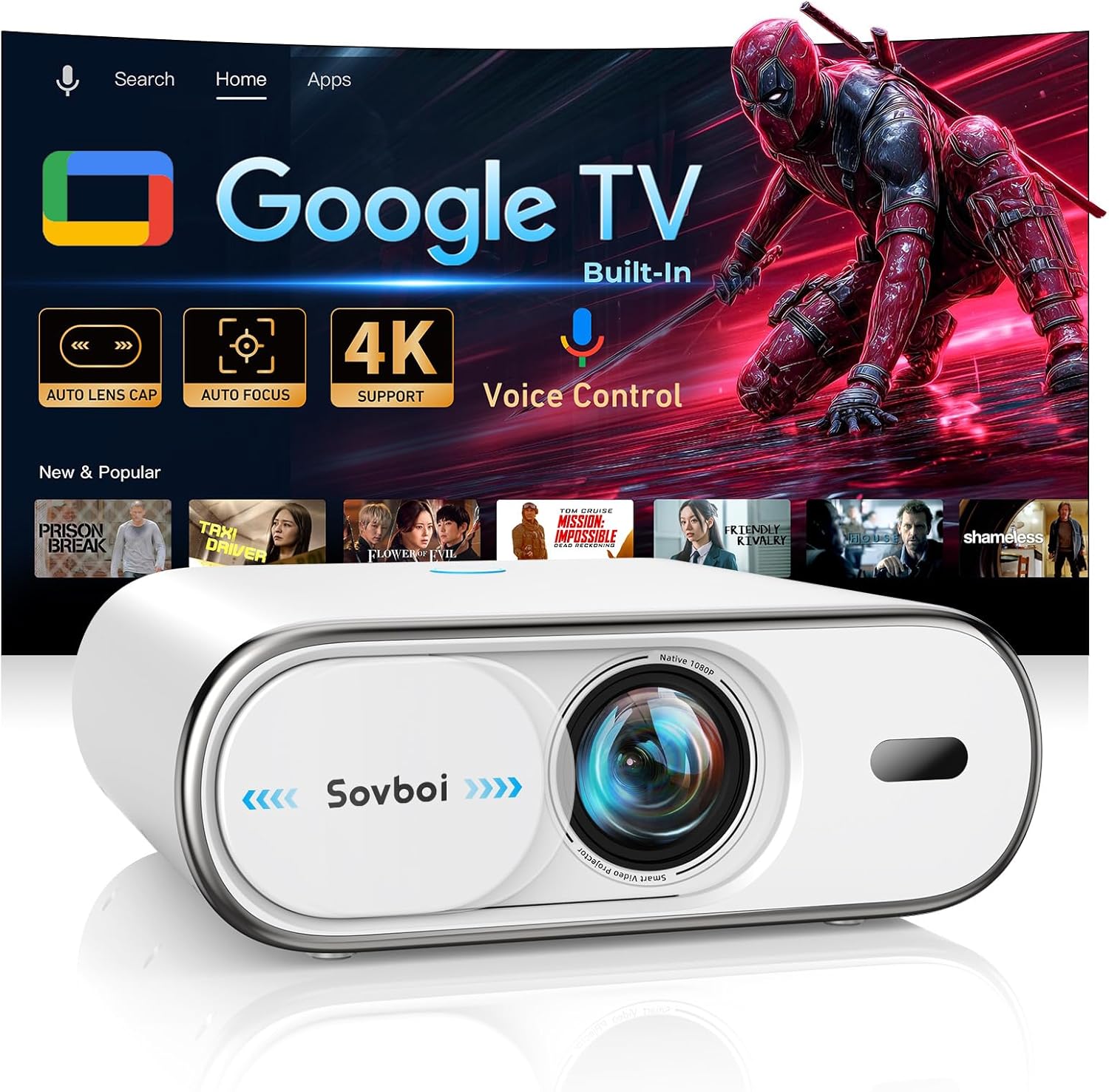 4K Projector with Google TV:3000 Brightness/Auto Lens Cap & 4D Keystone/Auto Focus & AI Voice Control, Sovboi Portable Outdoor Projector with WiFi & Bluetooth, Smart Movie Proyector for Streaming Apps