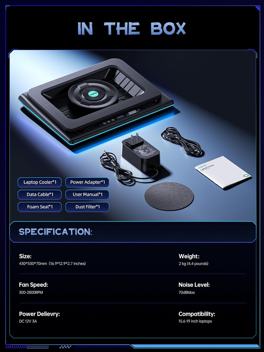 llano V12 Gaming Laptop Cooling Pad, RGB Laptop Cooler, Laptop Cooling Fan Stand with 5.5 Inch Powerful Turbofan, for 15.6-19in Laptop, Adjustable Speed, Dustproof, 3-Port USB Hub, Black (RGB)
