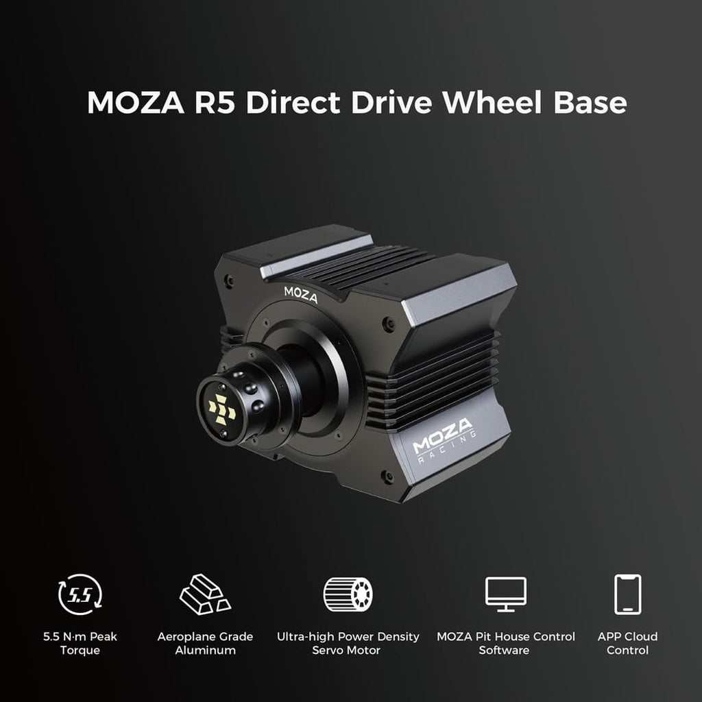 MOZA R5 All-in-One PC Gaming Racing Simulator: 5.5Nm Direct Drive Wheel Base, 11-inch Racing Wheel, Anti-Slip Pedals and a Desk Clamp, Cloud-based App Control