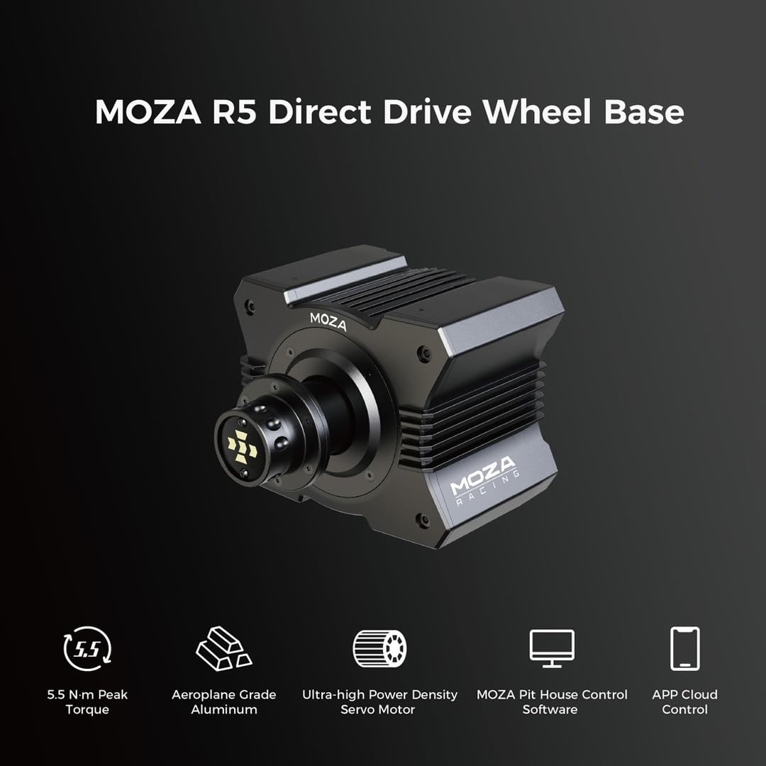 MOZA R5 All-in-One PC Gaming Racing Simulator: 5.5Nm Direct Drive Wheel Base, 11-inch Racing Wheel, Anti-Slip Pedals and a Desk Clamp, Cloud-based App Control