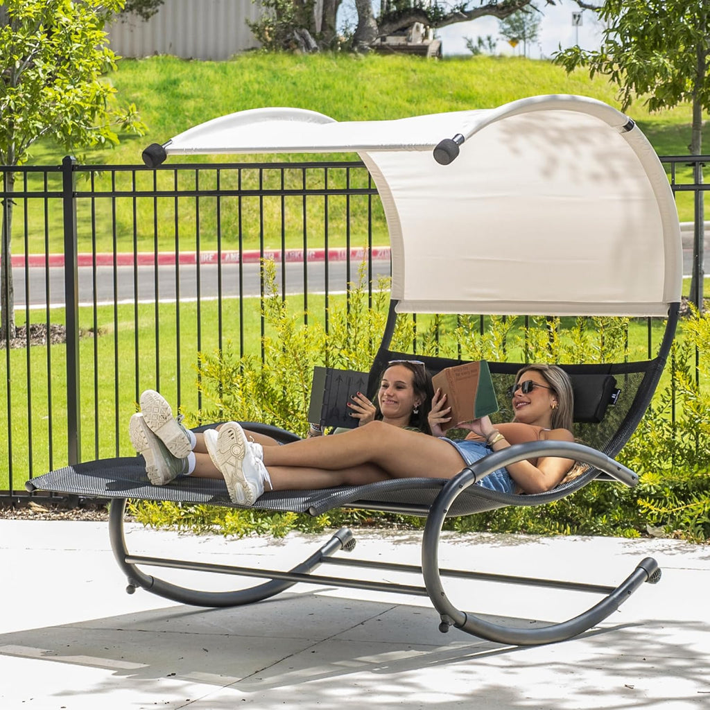 Double Chaise Lounge, Outdoor Bed Lounger with Sun Shade & Wheels, Double Lounge Chair with Canopy & Headrest Pillows for Patio, Yard, Lawn, Black