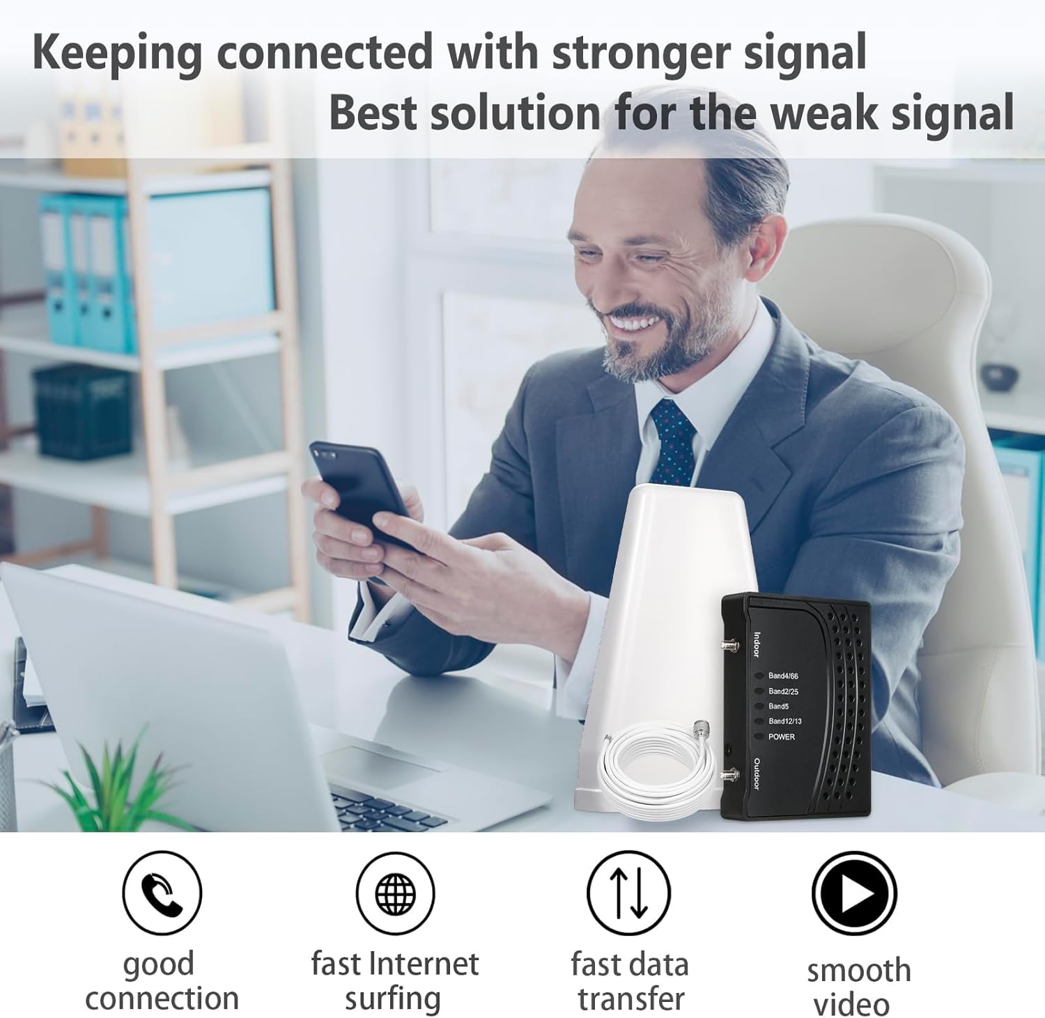 Cell Phone Booster for Home & Office,Up to 2000 sq ft,Cell Phone Signal Booster with Band 66/25/2/4/5/12/13/17,Boost 5G 4G Data for All U.S. Carriers FCC Approved Cell Booster (Dark Black)