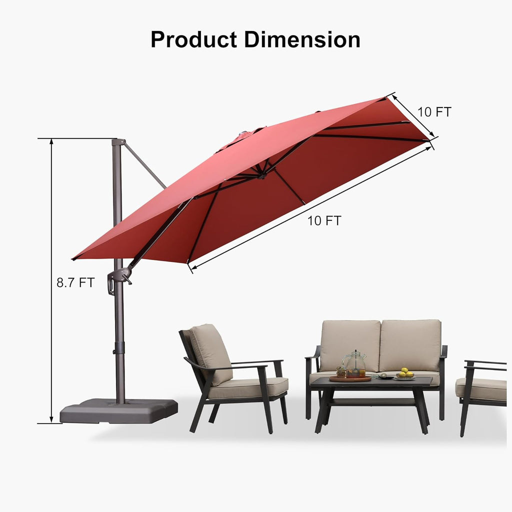 PURPLE LEAF 10' X 10' Patio Cantilever Umbrella with Base Included Antique Bronze Square Outdoor Umbrella with 360° Rotation and Aluminum Offset Hanging for Garden Backyard Pool, Brick Red