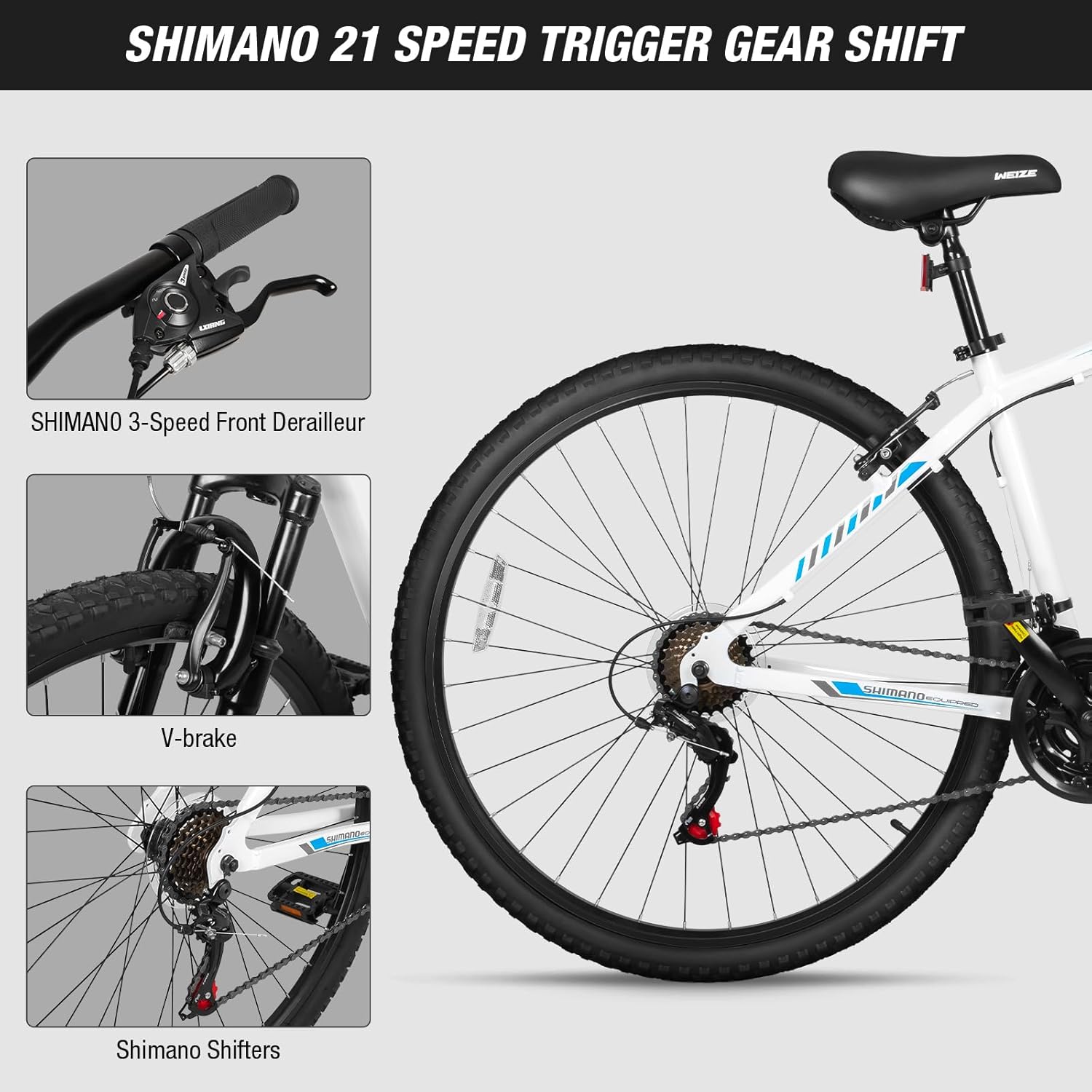 WEIZE Hardtail Mountain Bike, 29 Inch Wheels Outdoor Cycling Bike, 21-Speed Trigger Shifter, Aluminum Frame for Women and Men, Comfort Saddle, MTB Bicycle with Suspension Fork