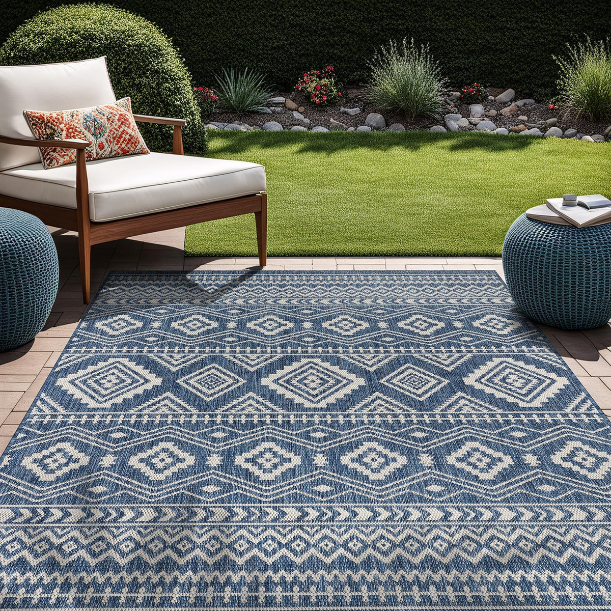 Beverly Rug Waikiki Boho Indoor Outdoor Rug 9x12, Washable Outside Carpet for Patio, Deck, Porch, Bohemian Area Rug, Farmhouse Rugs, Aztec Tribal Rug, Azure and White