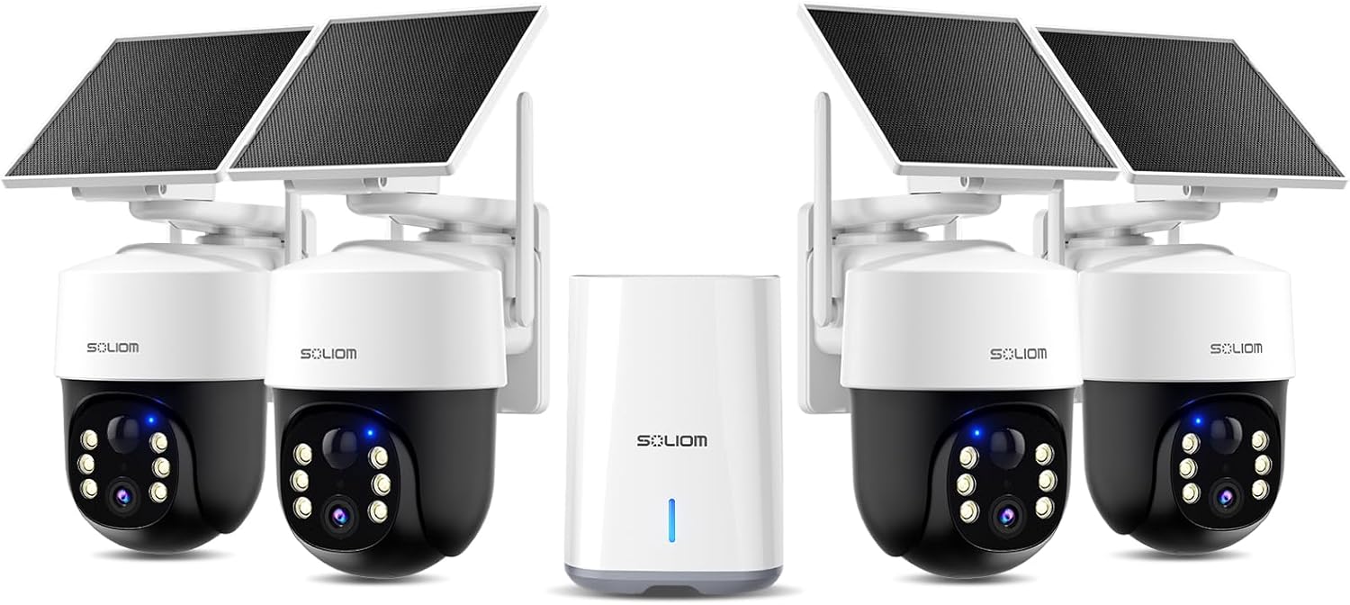 SOLIOM Security Cameras Wireless Outdoor,4K Ultra HD for Day and Night, No Subscription,Built in Radar,Solar Powered Cameras for Home Security, 360° Pan Tilt Auto Tracking,5G & 2.4G WiFi, 4-Cam Kit