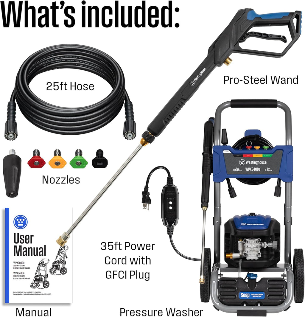 Westinghouse WPX3400e Electric Pressure Washer, 3400 Max PSI and 2.0 Max GPM, Brushless Motor, Onboard Soap Tank, Spray Gun and Wand, 5 Nozzle Set, for Cars/Fences/Driveways/Homes/Patios/Furniture