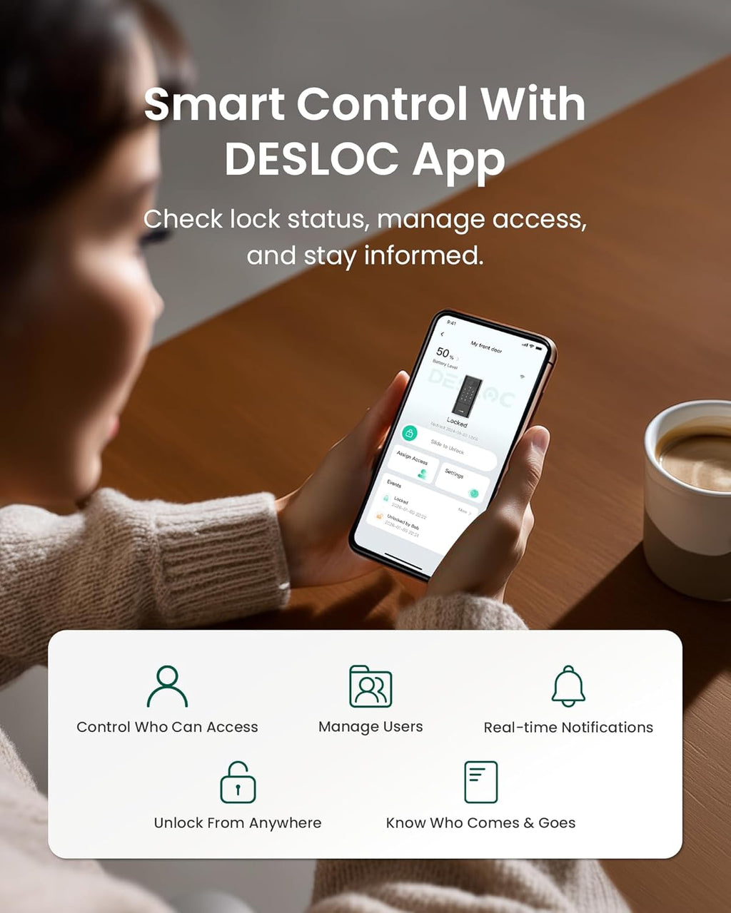 DESLOC Smart Lock K140 Plus with Palm Vein Recognition, Keyless Entry Door Lock with Keypad Deadbolt, App Control, Auto Lock Digital Door Lock for Front Door with Mechanical Key Backup, Black