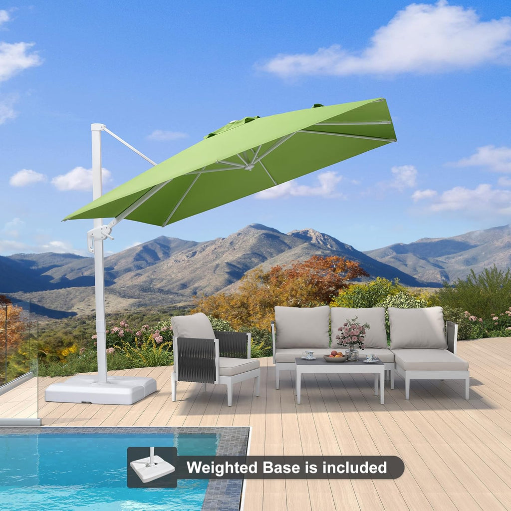 PURPLE LEAF 9 FT Patio Umbrella With Base White Cantilever Umbrella Square Outdoor Offset Umbrella Windproof with 360° Rotation for Garden Deck Pool, Macaw Green