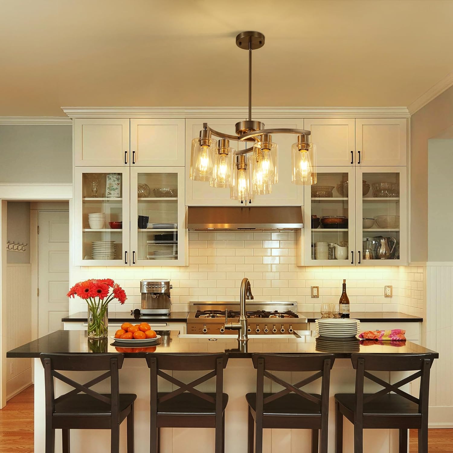 6 Light Modern Brushed Nickel Pendant Light Fixture for Dining Room .Kitchen Pendant Lighting Over Island .Adjustable Height Farmhouse Dining Chandeliers Over Table .with Glass Shade
