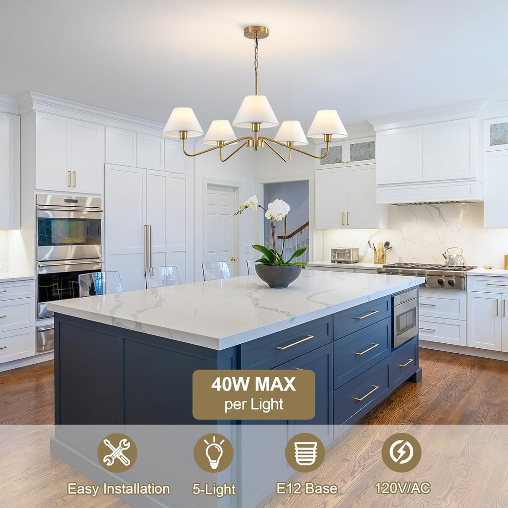 5-Light Gold Chandelier, 31.5" Brass Modern Chandeliers with White Fabric Shade, Classic Farmhouse Ceiling Light Fixture, Adjustable Pendant Light for Kitchen Living Room Dining Room Bedroom Entryway