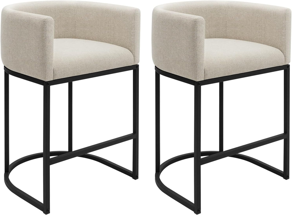 Counter Height Bar Stools Set of 2, 24 Inch Seat Height Barstools for Dining Room, Fabric Upholstered Bar Chair for Kitchen Island, Linen Counter Stools with Metal Legs, Beige