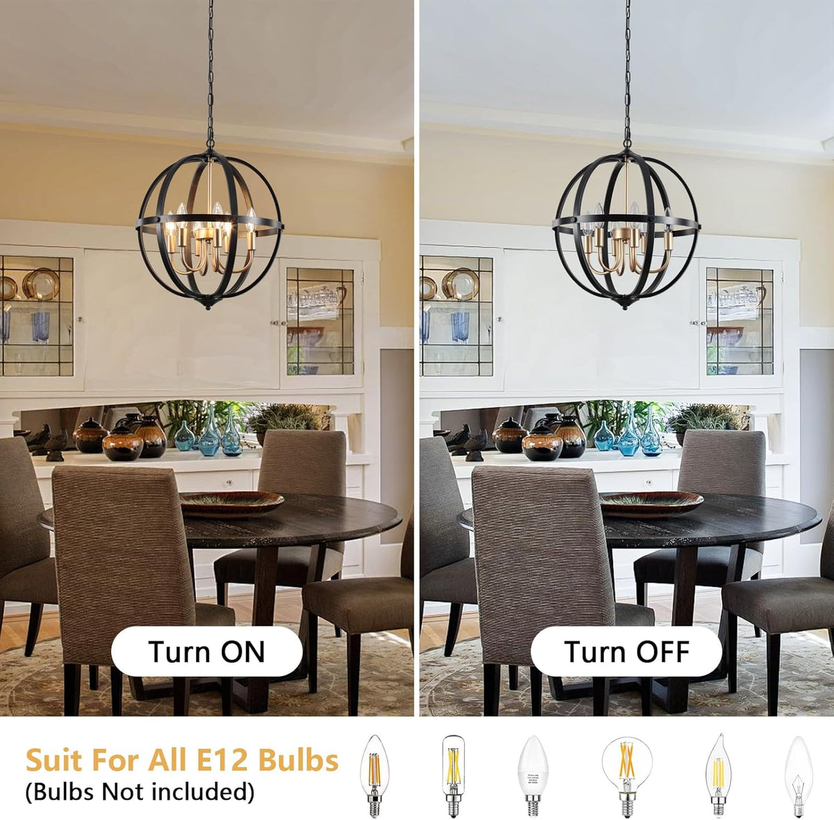 17.12'' Black and Gold Chandelier for Dining Room, 6-Light Modern Farmhouse Globe Chandelier, Metal Industrial Orb Pendant Light Adjustable Entryway Light Fixture for Kitchen Island Foyer